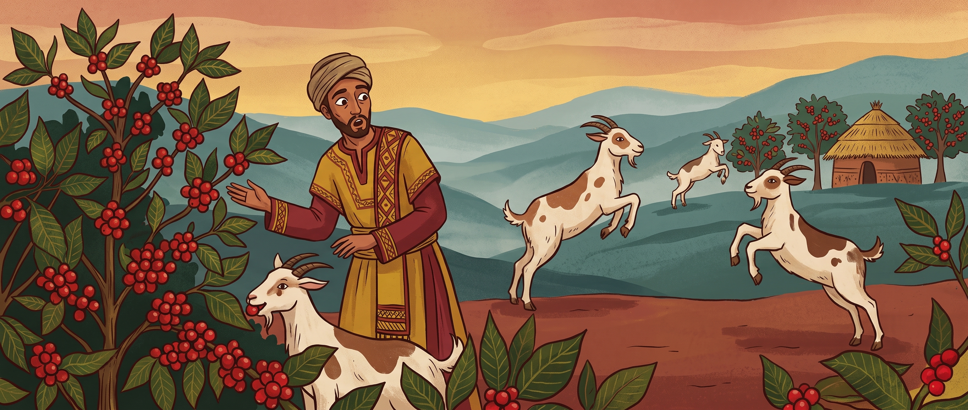 Ilustración de la leyenda de Kaldi, el origen del café en Etiopía